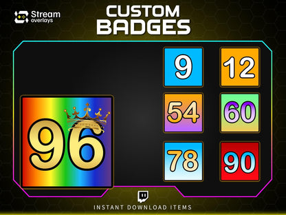 Twitch Subscriber Badges Set | Bright Numbered Sub Badges 1–96 | Colorful Square Sub Badge Pack | Streamer Loyalty Multi-Month Subscriptions
