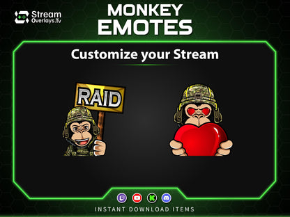 Soldier Monkey Emotes, Farmer Chimp Emojis,military Chimp Emote Pack, Gamer Ape Stickers,  Zoo Monkey Streamer, Twitch, Discord, Kick