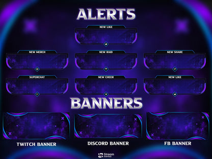 Purple Neon Twitch Overlay Pack Animated | Galaxy Space Stream Screens, Futuristic Cyber Theme, Starting Soon Alerts Panels OBS Kick YouTube