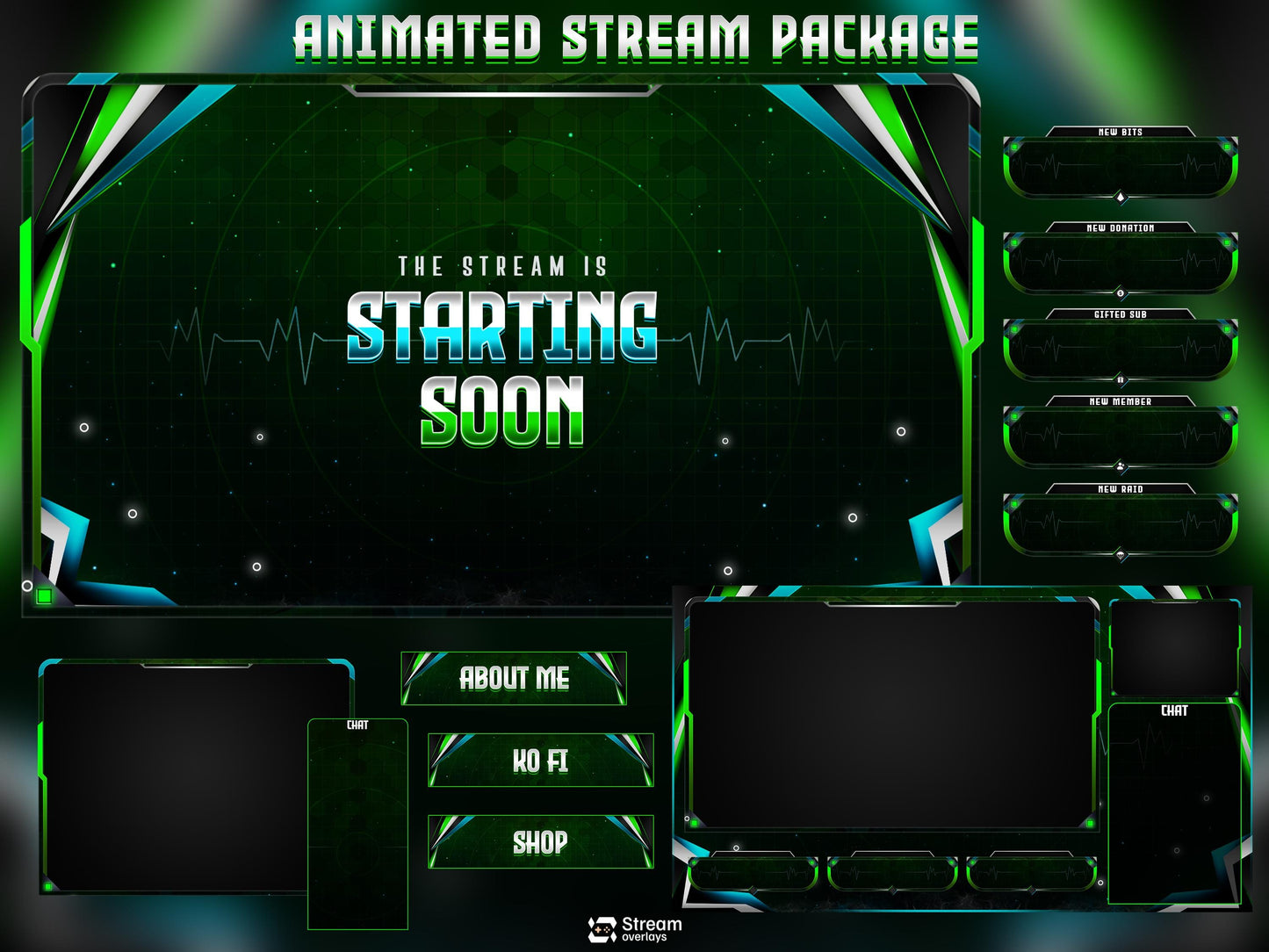 Cyberpunk Neon Green & Teal Tactical Design | Sci-Fi Tech Streamer Overlay | Radar Animated Twitch Stream Overlay Package | Full OBS Setup