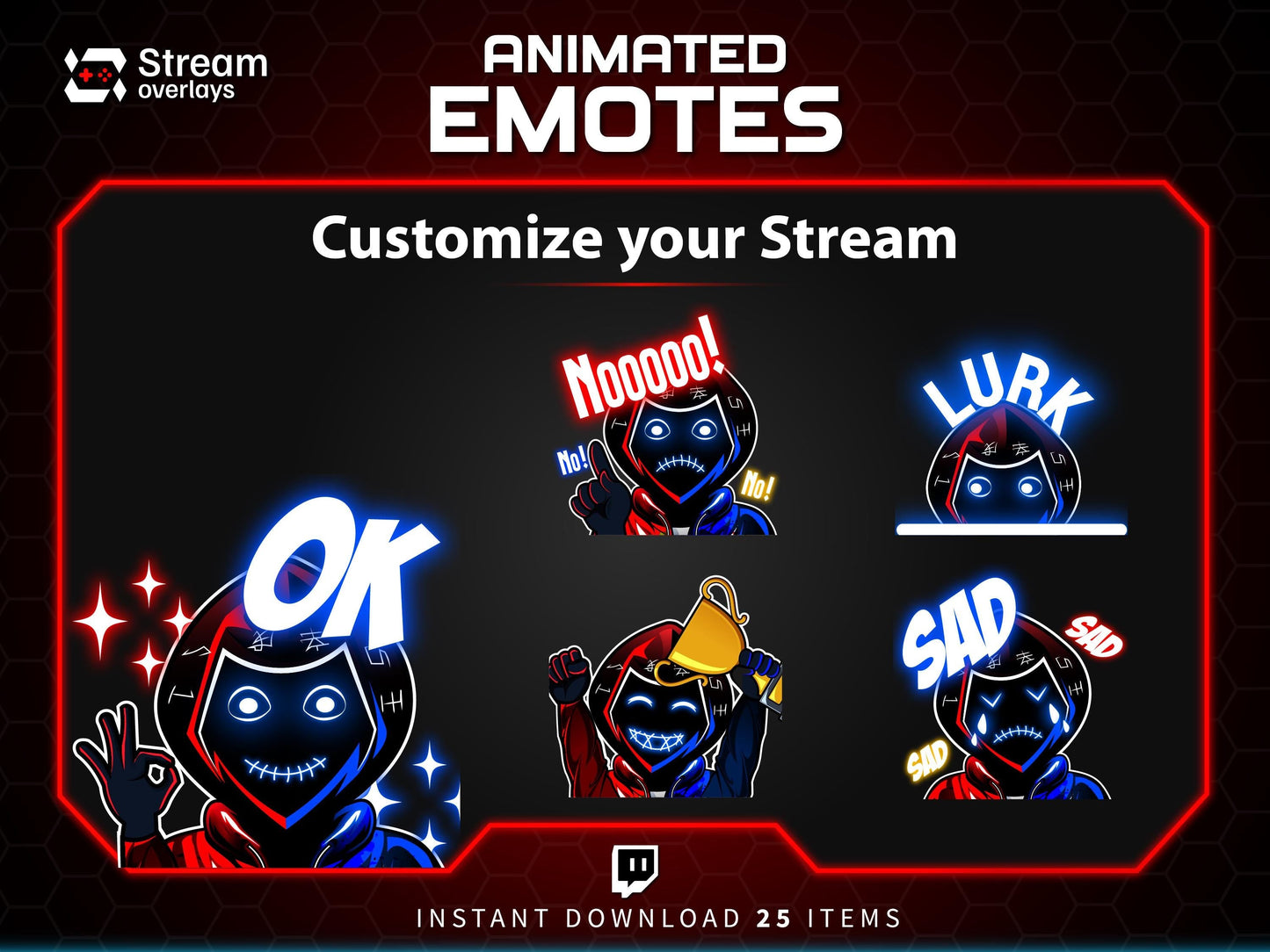 Animated Neon Mask Twitch Emotes: Cyberpunk Streamer Emojis, (25x PNG & GIF Downloadable Files )