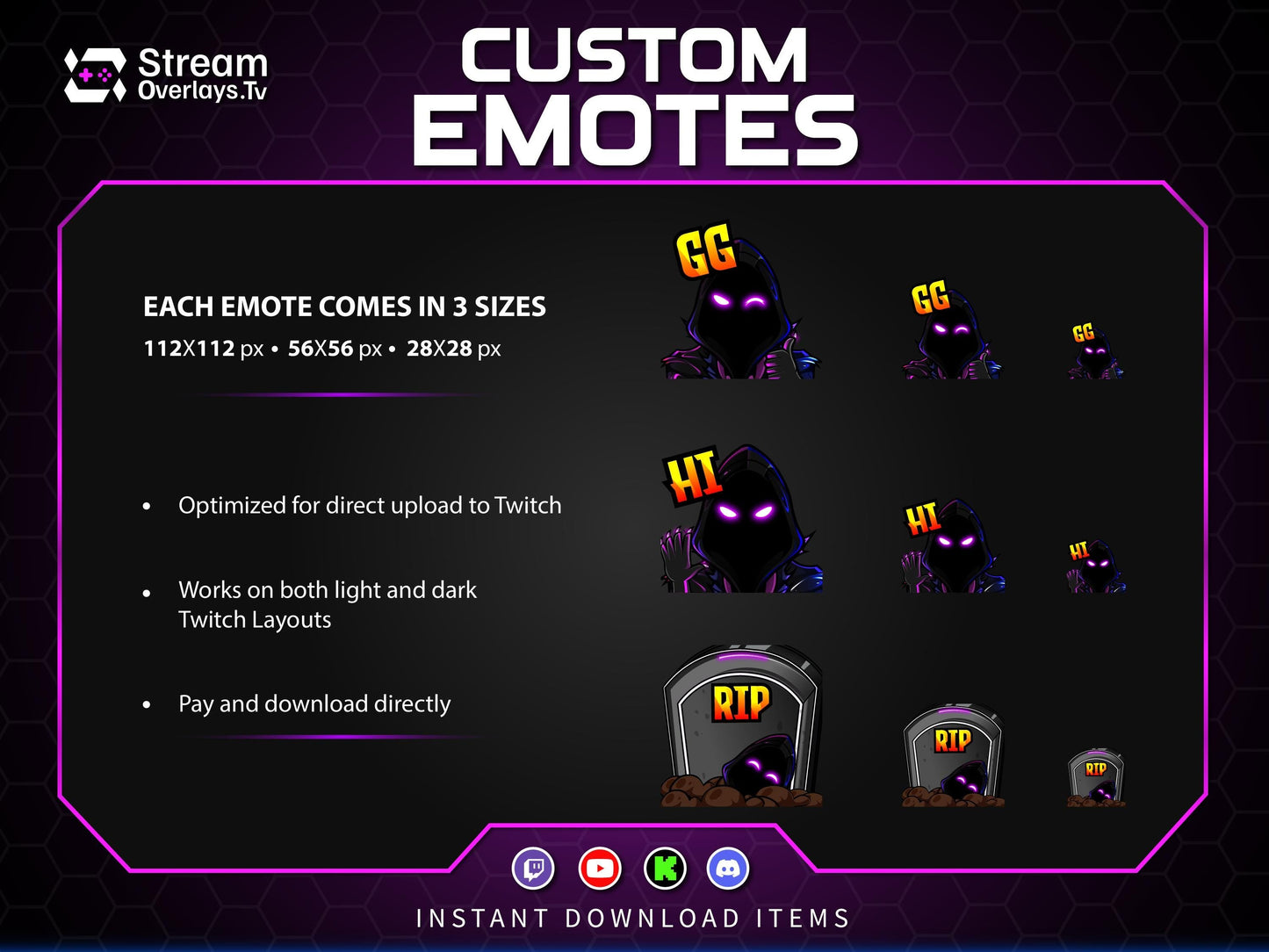 Purple Neon Hacker Twitch Emotes | Grim Reaper Emoji Pack for Streamers | Cute Reaper Twitch Emotes | Kawaii Grim Reaper Emote Pack