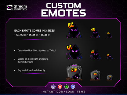 Purple Neon Hacker Twitch Emotes | Grim Reaper Emoji Pack for Streamers | Cute Reaper Twitch Emotes | Kawaii Grim Reaper Emote Pack