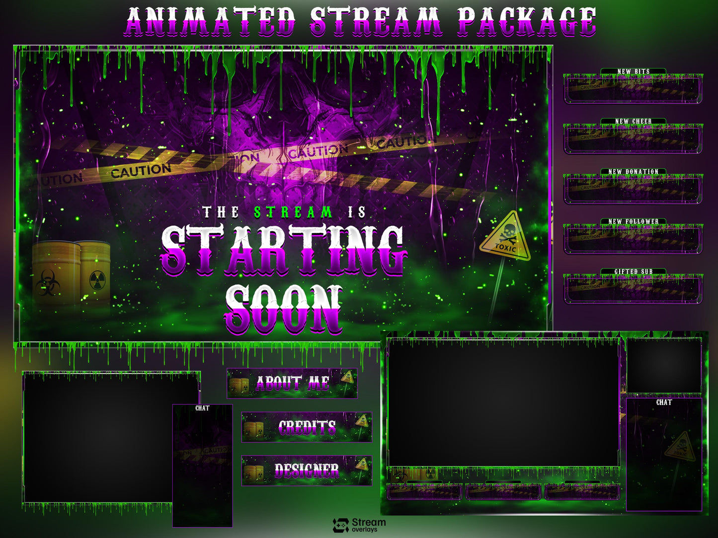 Radioactive Stream Pack, Toxic Twitch Overlay, Animated Stream Package | Stream Scenes | Slime Gaming | Panels | Alerts | Screens | Scene