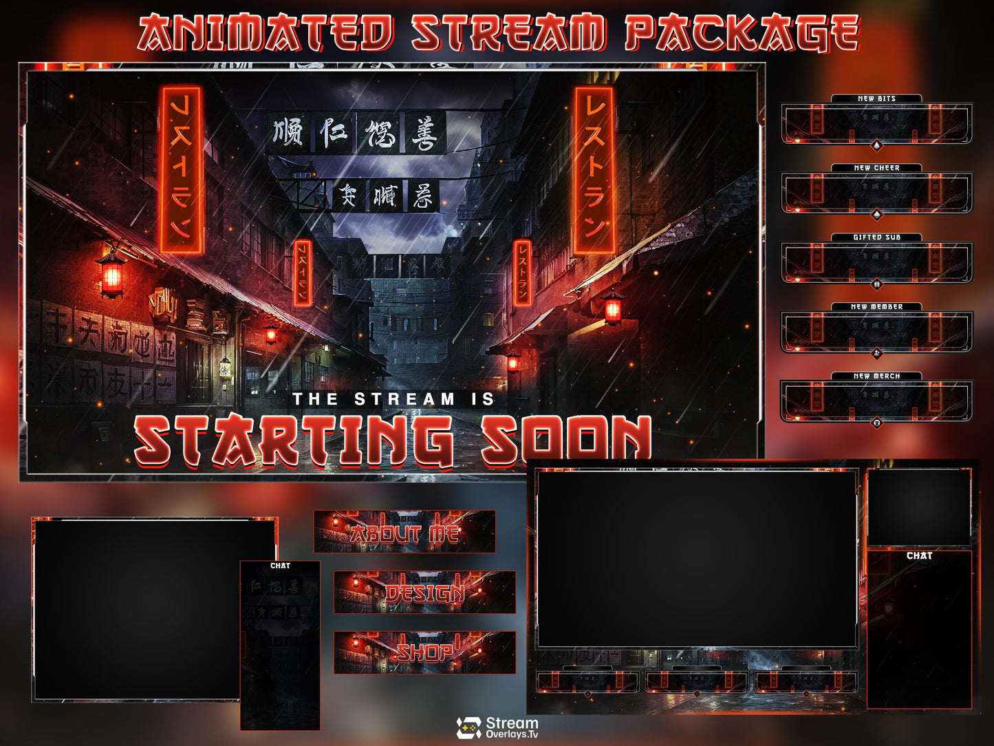 Japanese Street Animated Overlays, Tokyo Rain Stream Overlay Package, Futuristic City Streaming Pack, Ancient traditional Stream, Panels OBS