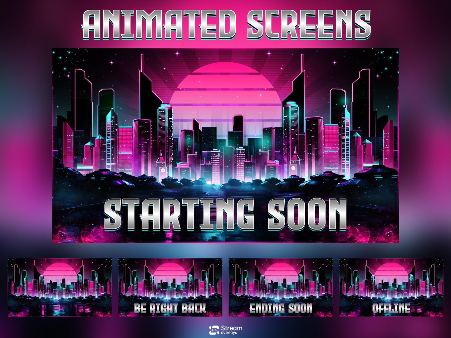 Neon Cyberpunk Stream Pack | Animated Twitch Overlay | Retro Synthwave City | Streaming Scenes | Gaming Overlay | Panels | Alerts | Screens