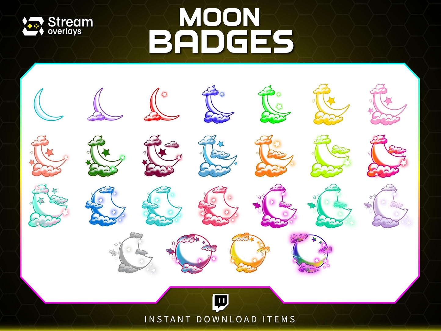 Moon Twitch Sub Badges, Kawaii Celestial Cloud Stream Badges (Digital Download)
