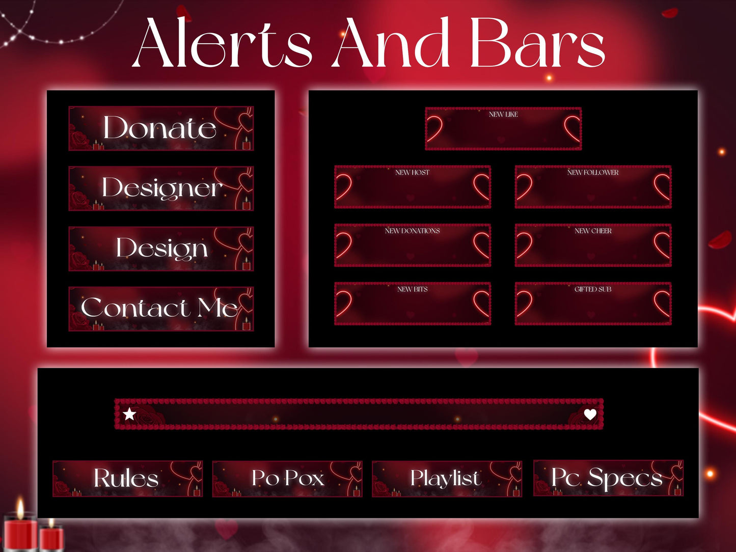 Love Stream Package | Valentine Twitch Overlay Pack | Romantic Red Heart Stream Screens | Animated Rose Petals Candle Stream | Alerts, BRB