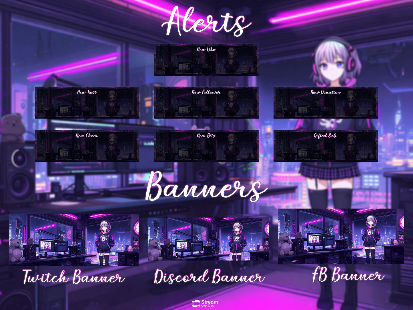 Cyberpunk Twitch Overlay | Neon Gaming Room | Anime Stream Overlays | Gamer Streams | Animated Streaming | Girl Package | Twitch Screens