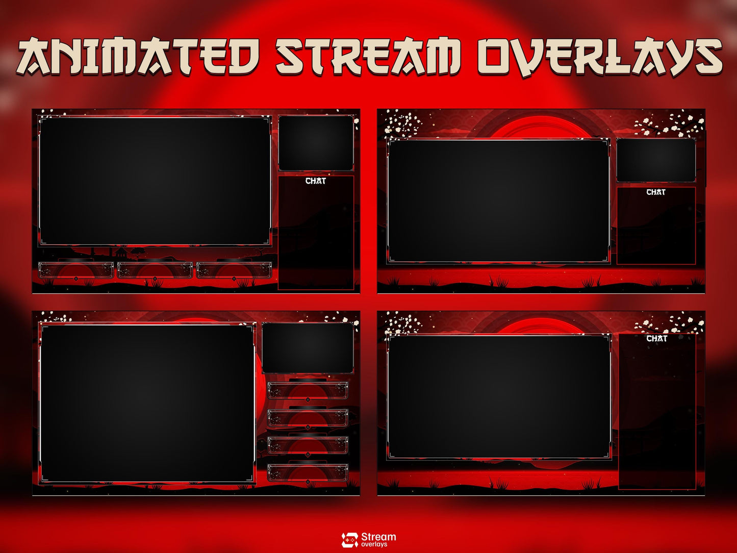 Samurai Stream Overlay Pack | Japanese Stream Package | Streaming Twitch | Stream Scenes | Red Moon Gaming | Panels | Alerts | Screens,OBS