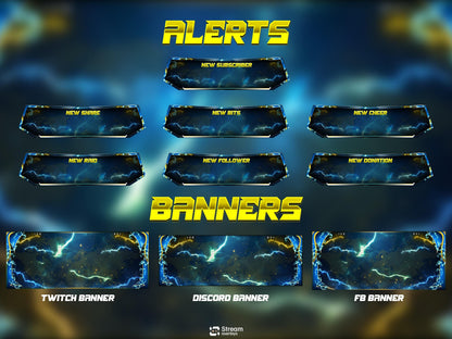 Energy Twitch Overlay | Lightning Streaming Pack | Electric Animated Scenes, Blue Yellow Power Streams, Twitch Alerts, Starting Soon, Panels