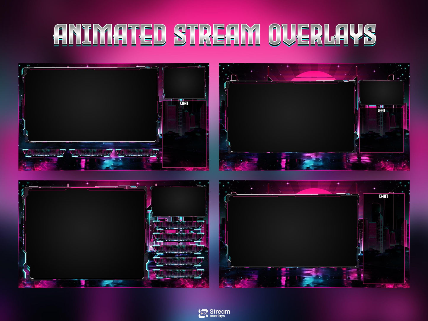 Neon Cyberpunk Stream Pack | Animated Twitch Overlay | Retro Synthwave City | Streaming Scenes | Gaming Overlay | Panels | Alerts | Screens