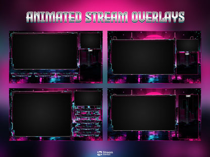 Neon Cyberpunk Stream Pack | Animated Twitch Overlay | Retro Synthwave City | Streaming Scenes | Gaming Overlay | Panels | Alerts | Screens