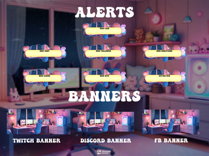 Cute Kawaii Gaming Room Stream Overlay | Cozy Lofi Gamer Girl Twitch Package | Pink & Blue Dreamy Room Setup, Animated Screens Alerts Panels