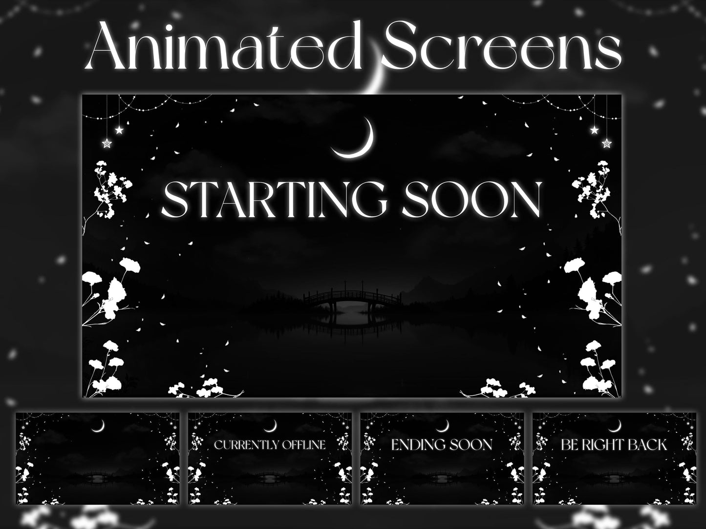 Midnight Petals Stream Pack | Dark Twitch Overlay | Floral Animated Scenes | Minimal Moon Streams | Twitch Alerts | Starting Soon | Panels