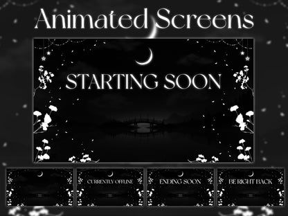 Midnight Petals Stream Pack | Dark Twitch Overlay | Floral Animated Scenes | Minimal Moon Streams | Twitch Alerts | Starting Soon | Panels