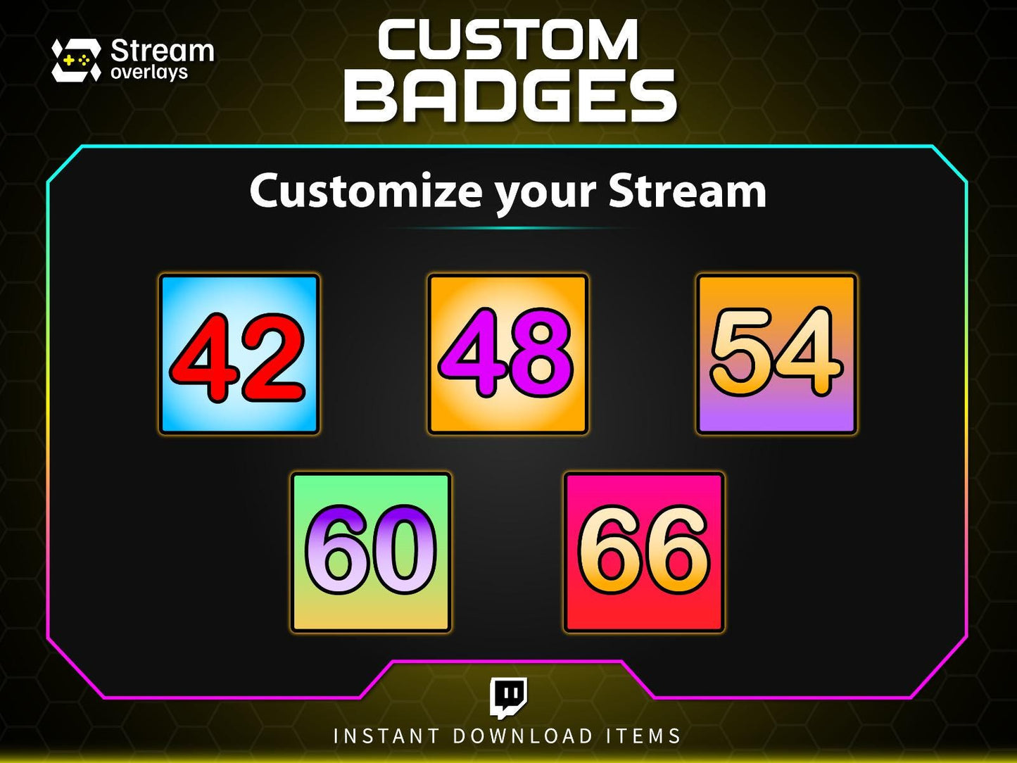 Twitch Subscriber Badges Set | Bright Numbered Sub Badges 1–96 | Colorful Square Sub Badge Pack | Streamer Loyalty Multi-Month Subscriptions