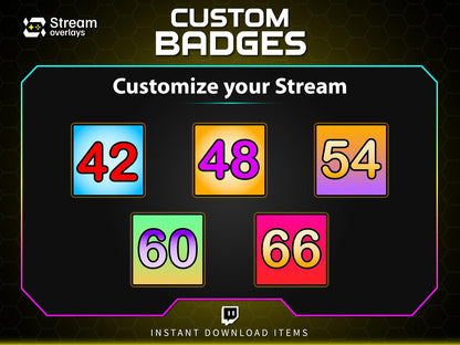 Twitch Subscriber Badges Set | Bright Numbered Sub Badges 1–96 | Colorful Square Sub Badge Pack | Streamer Loyalty Multi-Month Subscriptions