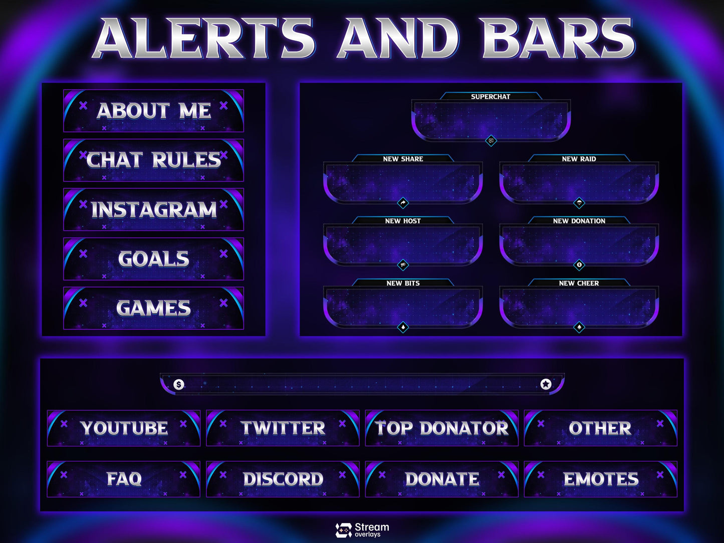 Purple Neon Twitch Overlay Pack Animated | Galaxy Space Stream Screens, Futuristic Cyber Theme, Starting Soon Alerts Panels OBS Kick YouTube