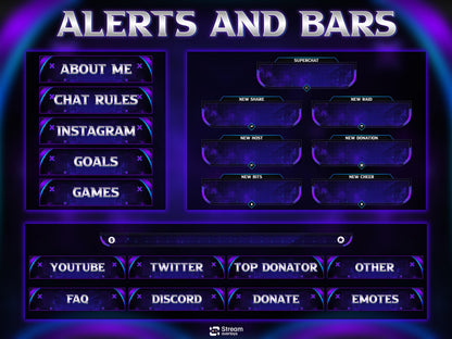 Purple Neon Twitch Overlay Pack Animated | Galaxy Space Stream Screens, Futuristic Cyber Theme, Starting Soon Alerts Panels OBS Kick YouTube