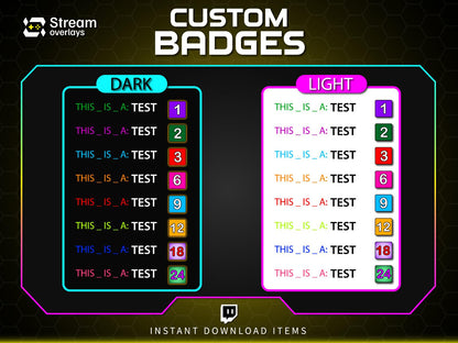 Twitch Subscriber Badges Set | Bright Numbered Sub Badges 1–96 | Colorful Square Sub Badge Pack | Streamer Loyalty Multi-Month Subscriptions
