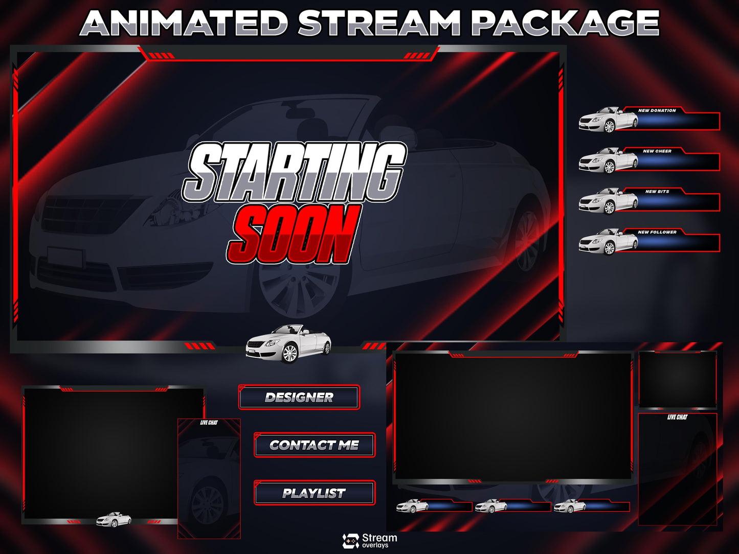 Car overlay pack | Animated Racing Stream Screens | Sport Car Theme | Gaming Overlays | Racers | Twitch Alerts | Panels | Auto Speed Pack