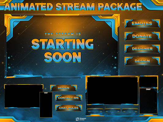 Animated Twitch Overlay Pack | Blue Gold Stream Overlays | Modern Gaming Screens, Starting Soon BRB Alerts, Streaming Panels, Stream Package