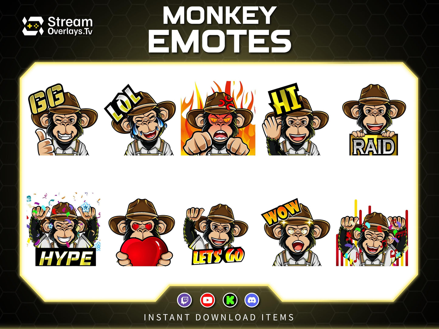 Cowboy Monkey Emotes, Farmer Chimp Emojis, Explorer Chimp Emote Pack, Gamer Ape Stickers,  Zoo Monkey Streamer, Twitch, Discord, Kick