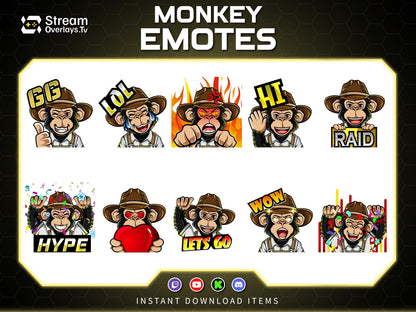 Cowboy Monkey Emotes, Farmer Chimp Emojis, Explorer Chimp Emote Pack, Gamer Ape Stickers,  Zoo Monkey Streamer, Twitch, Discord, Kick