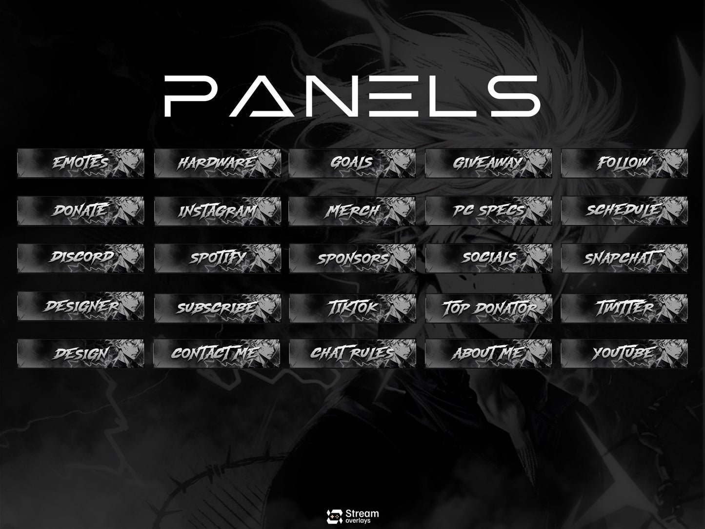 Anime Twitch Overlay Pack | Dark Monochrome Stream Screens | Lightning Anime Theme | Starting Soon BRB Ending & Alerts
