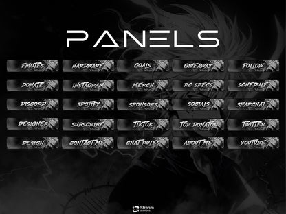 Anime Twitch Overlay Pack | Dark Monochrome Stream Screens | Lightning Anime Theme | Starting Soon BRB Ending & Alerts