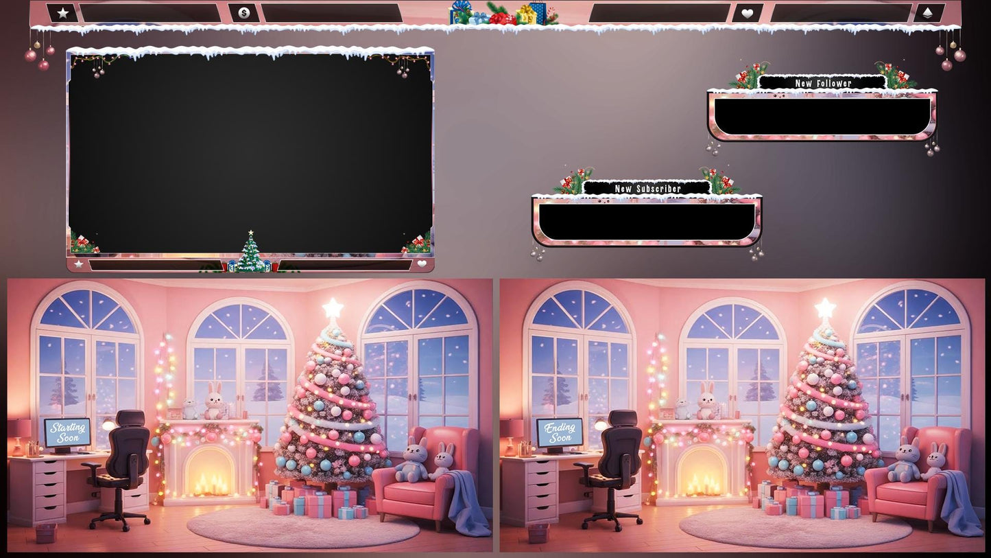 Christmas Pink Gaming Room Overlays Pack | Snowy Theme Xmas Tree Dream Bundle | Gift for Streamers | Winter Stream Decor Twitch | Gamer Desk