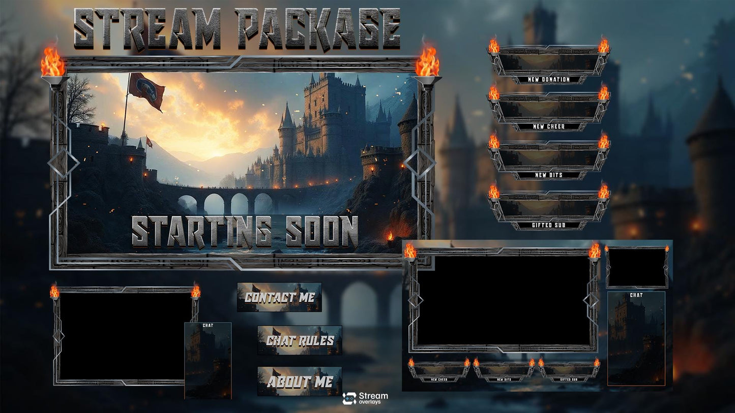 Medieval Castle Stream Overlay Pack | Dark Fantasy Theme | Ancient Twitch Overlay | Epic War | Throne Game | Vikings | Iron flame Screens