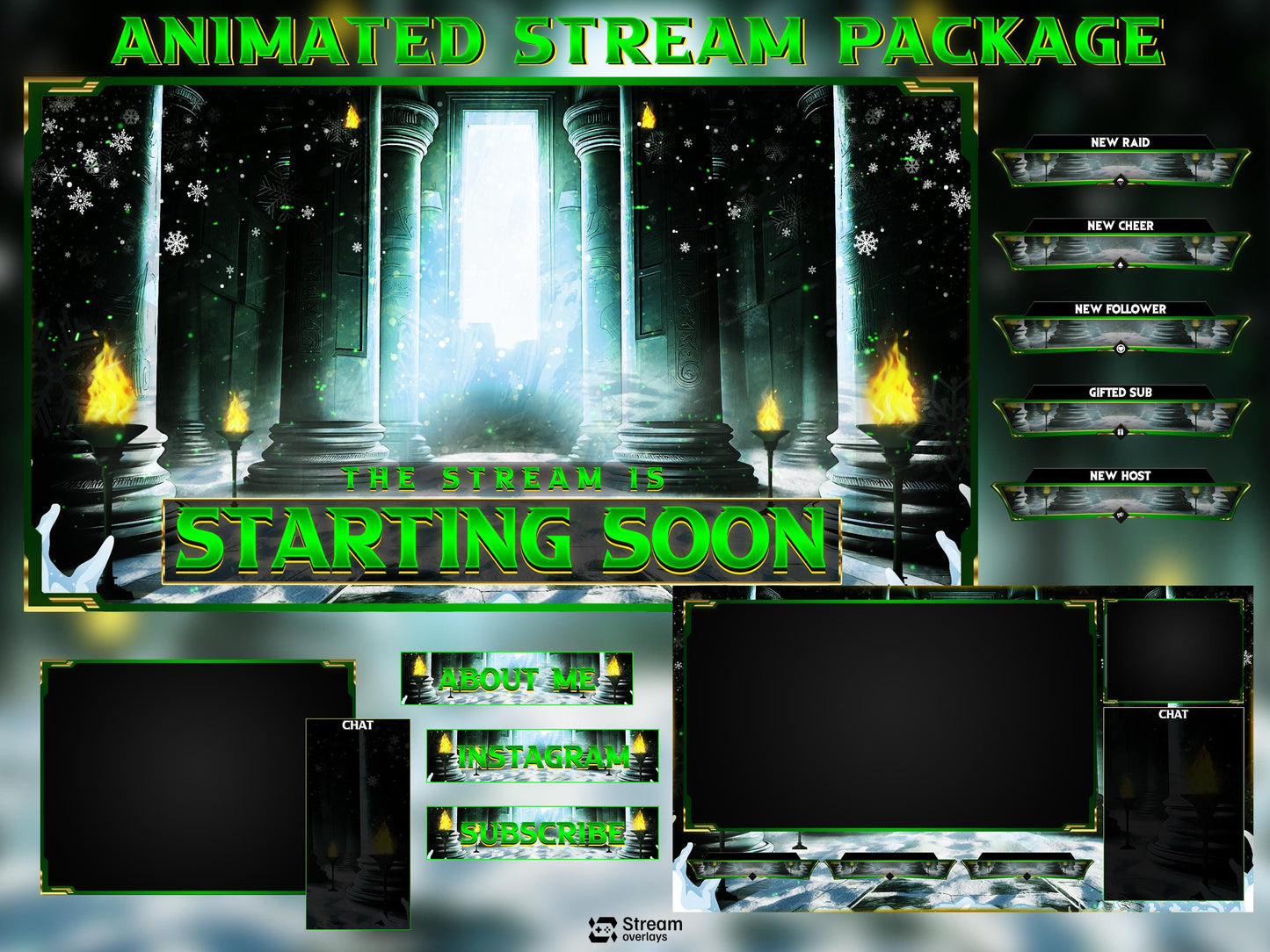 Winter Castle Stream Overlay, Mystic Temple Twitch Overlay| Green Fantasy Ruins Screens | Magic Throne Starting Soon, Alerts Panels OBS Kick
