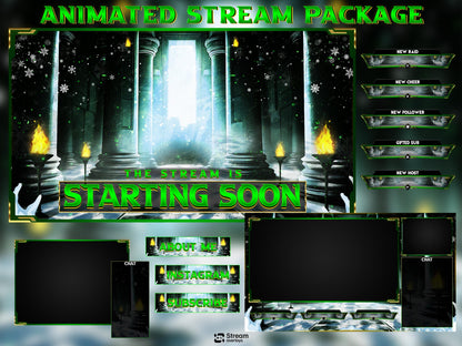 Winter Castle Stream Overlay, Mystic Temple Twitch Overlay| Green Fantasy Ruins Screens | Magic Throne Starting Soon, Alerts Panels OBS Kick