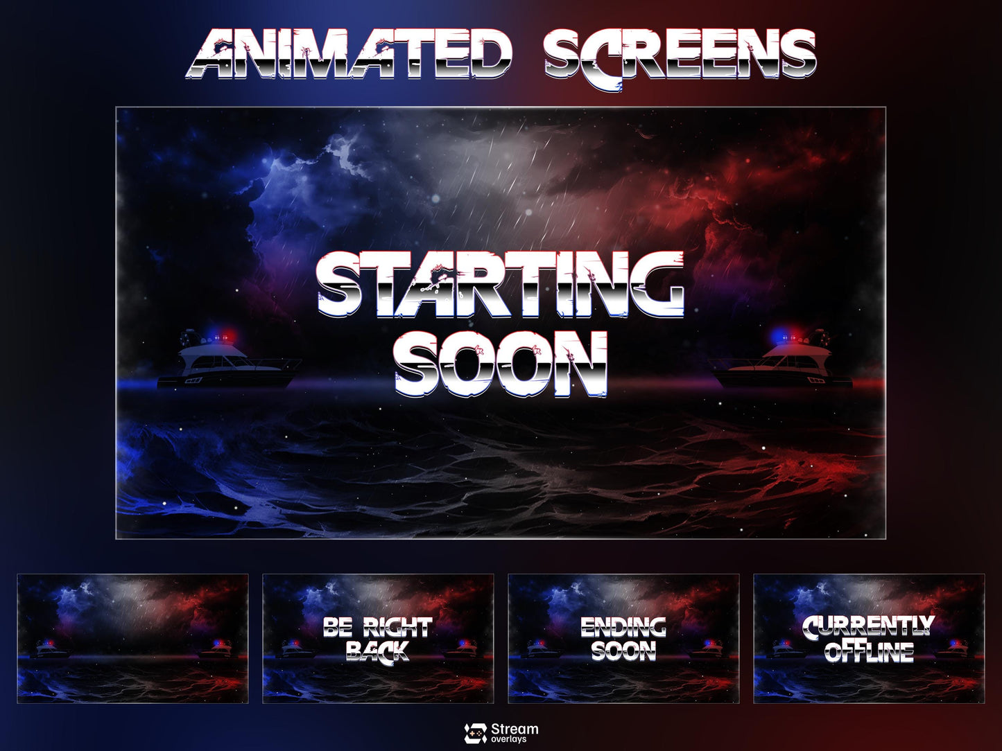 Ocean Police Twitch Overlay, Red and Blue Naval Cops Ocean Layouts for Streamers, Police Thunder Lightening Stream Overlay, OBS Crime Stream