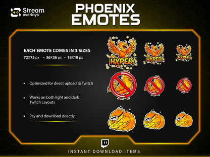Majestic Phoenix Emotes & Stickers | Fiery Bird Orange Flame | Majestic Glory Phoenix Twitch Emotes for Streamers on Twitch and Discord