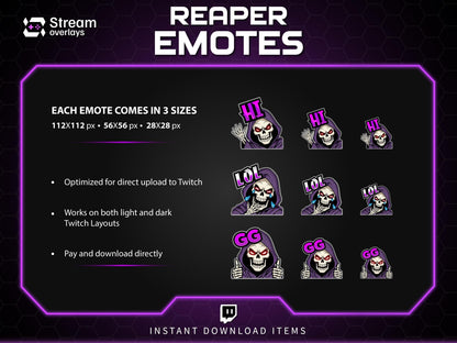Reaper Twitch Emotes Pack | Grim Reaper Skull Emotes | Dark Gaming Stream Emotes | Twitch & Discord Emotes PNG