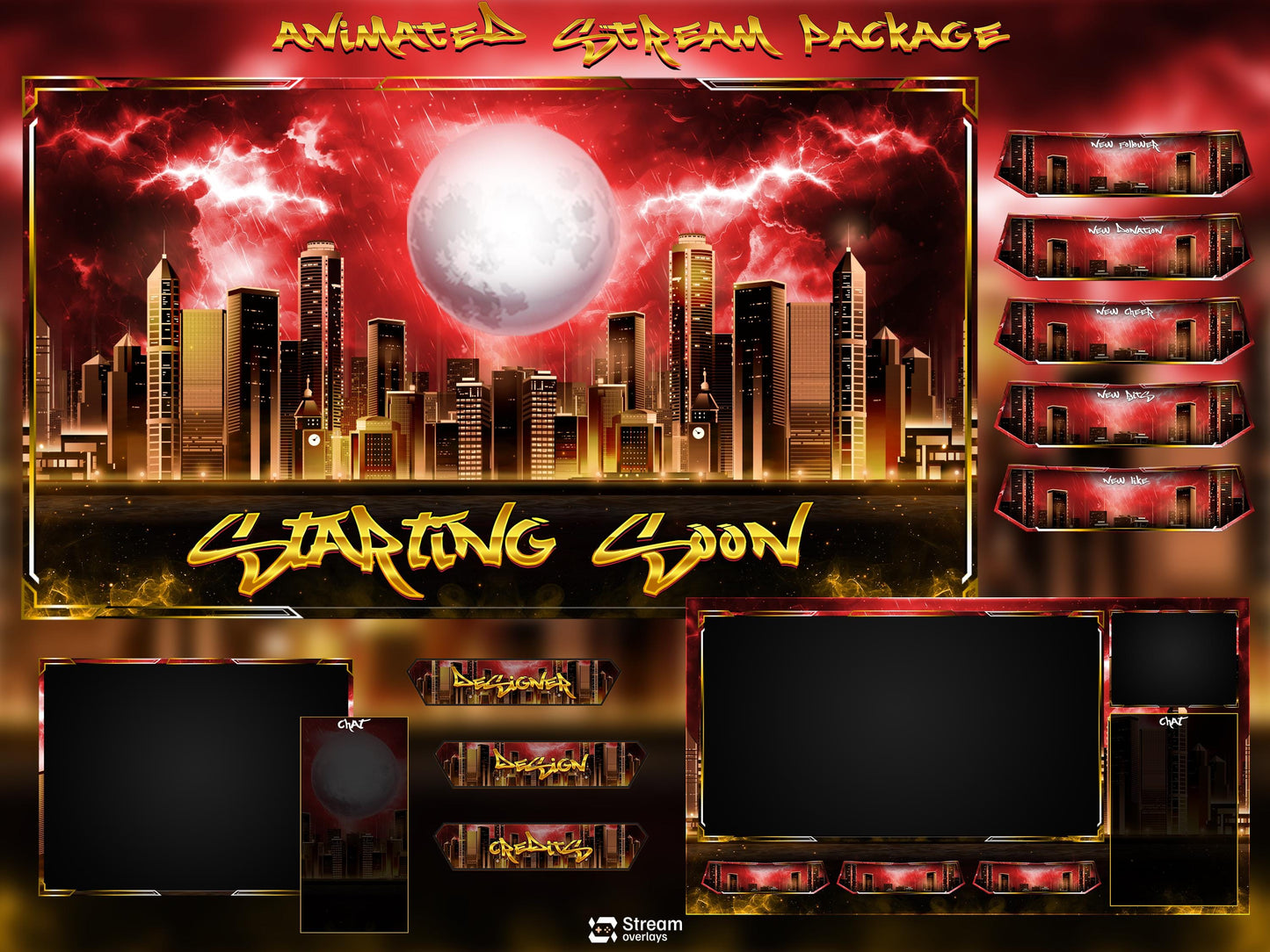 Animated Cyberpunk City Twitch Overlay Pack, Cyber Skyline Stream Overlays, Urban Night Blood Moon Storm Stream, Red Gold Streaming Bundle