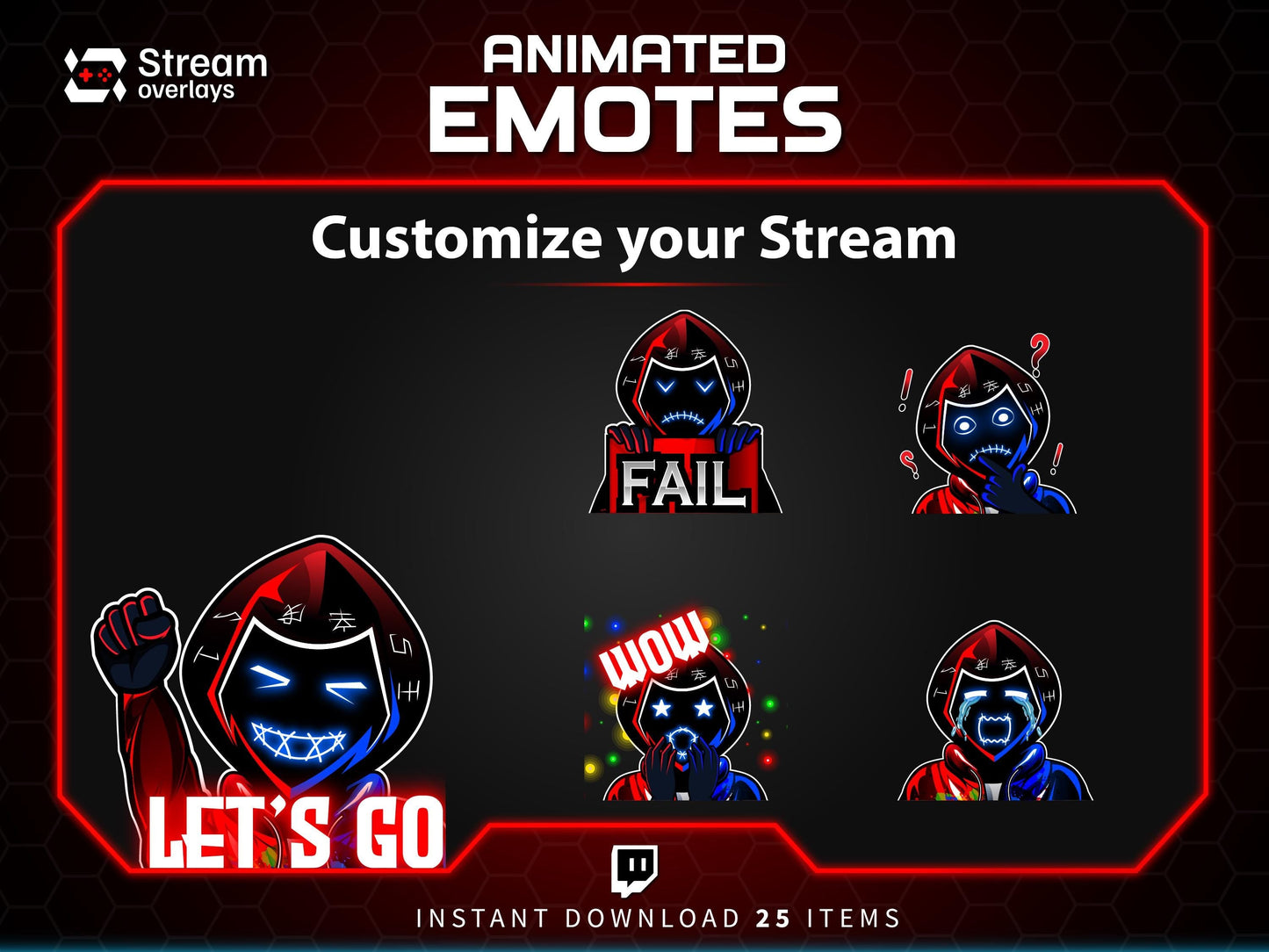 Animated Neon Mask Twitch Emotes: Cyberpunk Streamer Emojis, (25x PNG & GIF Downloadable Files )