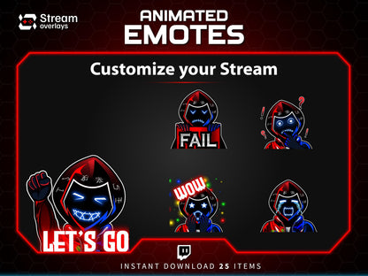Animated Neon Mask Twitch Emotes: Cyberpunk Streamer Emojis, (25x PNG & GIF Downloadable Files )