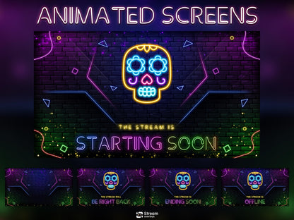 Neon Twitch Overlays | Skull Stream Overlay | Animated Screens | Glow Scenes | Animate Package | Panels | Alerts | Neon Alert | OBS Pack