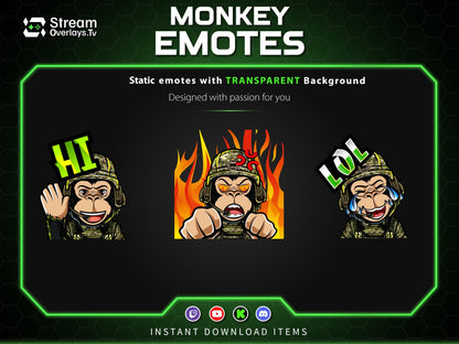 Soldier Monkey Emotes, Farmer Chimp Emojis,military Chimp Emote Pack, Gamer Ape Stickers,  Zoo Monkey Streamer, Twitch, Discord, Kick