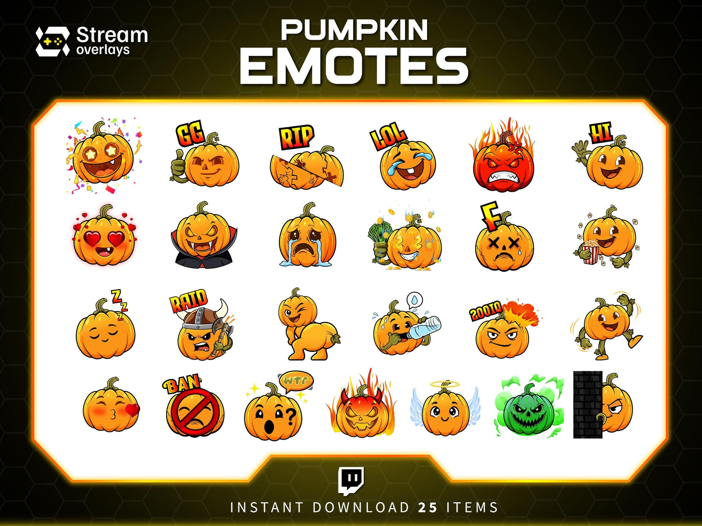 25 Pumpkin Stream Emotes, Spooky Fall Emojis (PNG Digital Download)