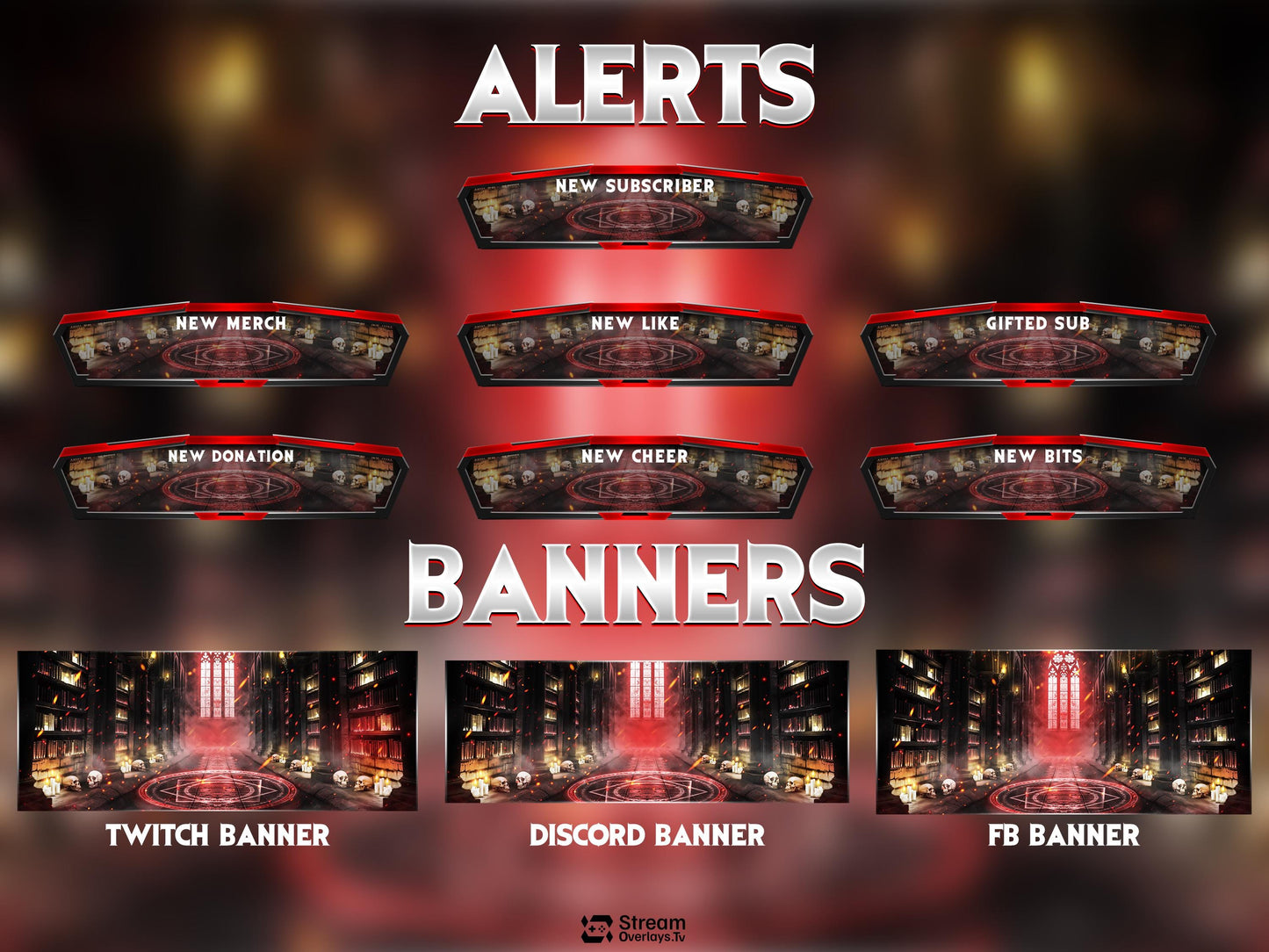 Horror Gothic Stream Overlay Pack, Dark Fantasy Library Twitch Overlay, Magic Cathedral Gaming Overlay, Animated OBS Stream Screens & Panels