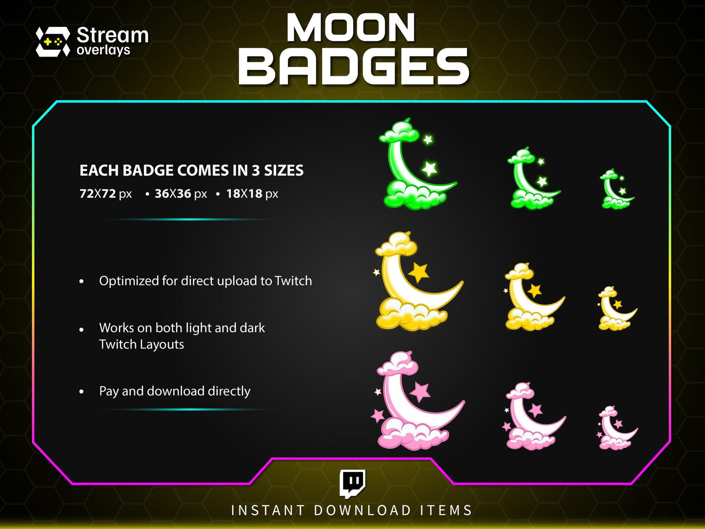 Moon Twitch Sub Badges, Kawaii Celestial Cloud Stream Badges (Digital Download)