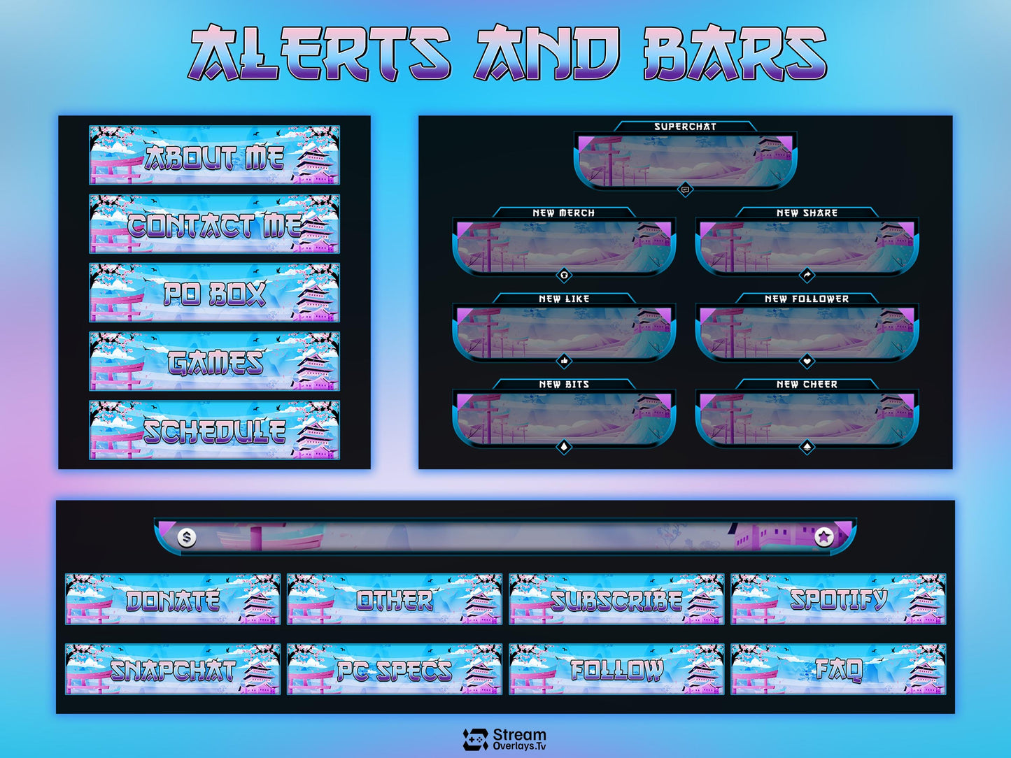 Japanese Kawaii Twitch Overlay | Sakura Cherry Blossom Stream Overlays | Cozy Mountain Lake OBS Bundle | Pastel Sky Screens, Panels, Webcam
