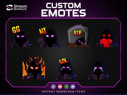 Purple Neon Hacker Twitch Emotes | Grim Reaper Emoji Pack for Streamers | Cute Reaper Twitch Emotes | Kawaii Grim Reaper Emote Pack