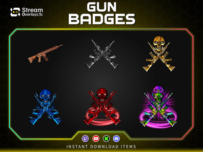 Gun Sub Badges for Twitch | Skull Rifle Gaming Badges | Gaming Gun Loyalty Badge,  Streamer Loyalty Subscriber for Twitch, Discord, YouTube