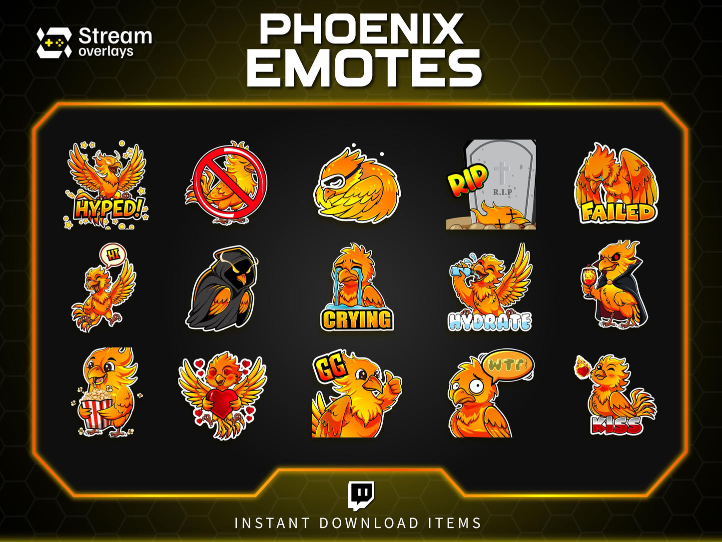 Majestic Phoenix Emotes & Stickers | Fiery Bird Orange Flame | Majestic Glory Phoenix Twitch Emotes for Streamers on Twitch and Discord